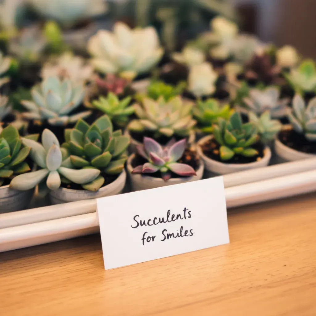 Rows of potted succulents with a handwritten Succulents for Smiles card